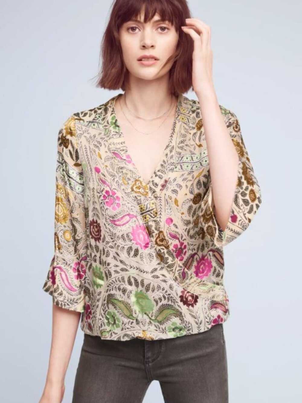 Anthropologie | Floreat Silk Blend Burnout Floral Surplice Blouse | Size Large